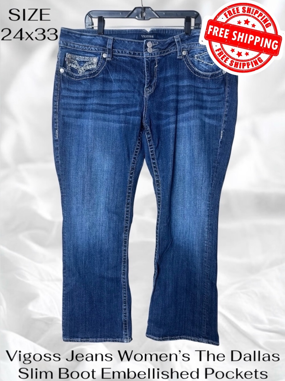 Vigoss Jeans Women’s Size 24 Inseam 33 The Dallas Slim Boot Embellished Pockets
